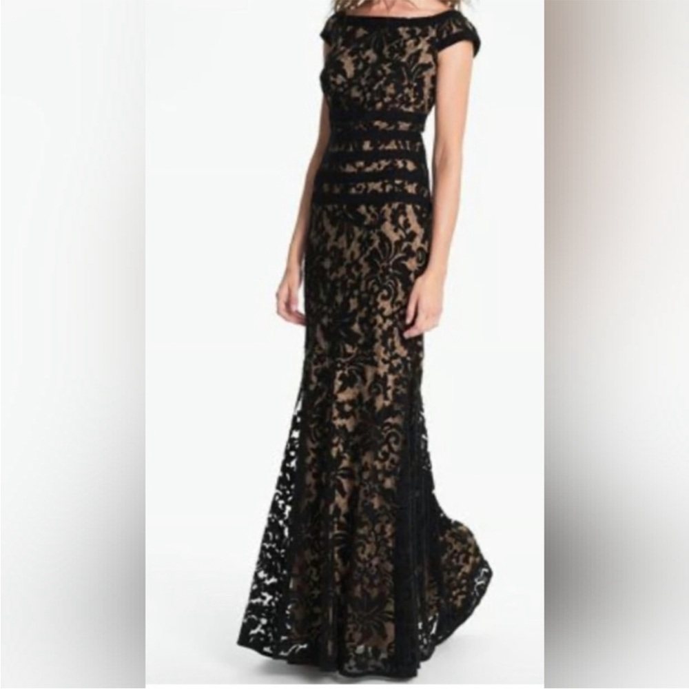 Tadashi Shoji Embroidered Boatneck Cap Sleeve Black Lace Gown-black/tan